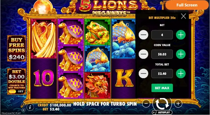 Ajustement de la mise sur 5 Lions Megaways