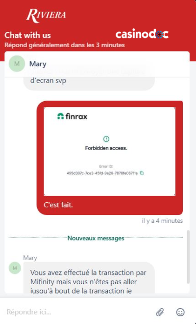 Live chat avec le support client de Riviera Casino