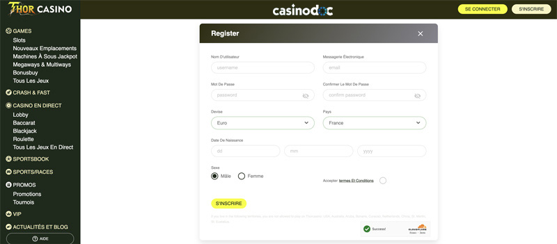 s'inscrire etape2 thor casino