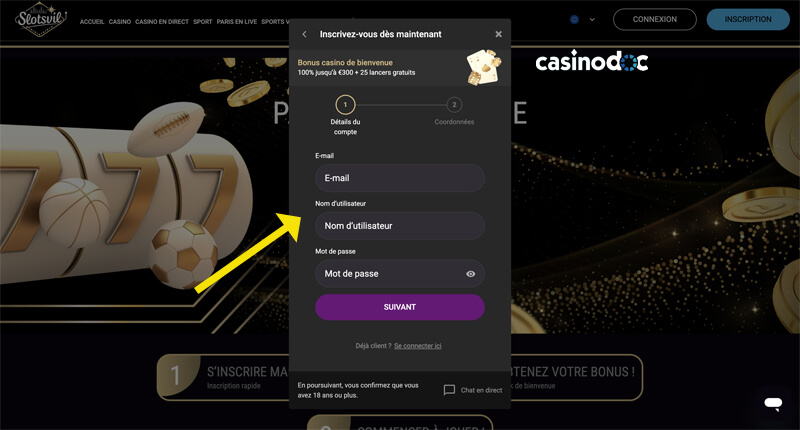 inscription details du compte slotsvil