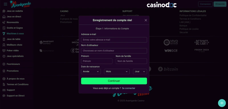Inscription sur Avantgarde Casino étape 3