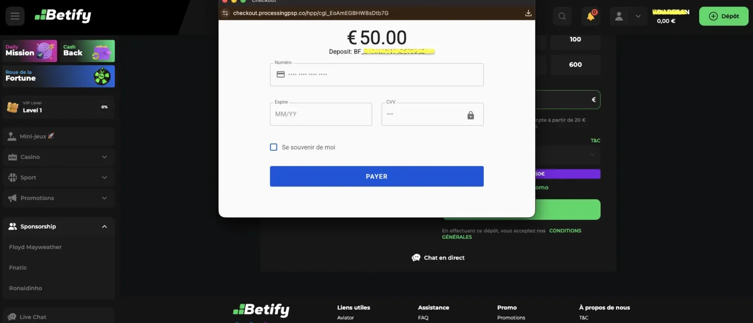 Confirmation dépôt sur le casino Betify
