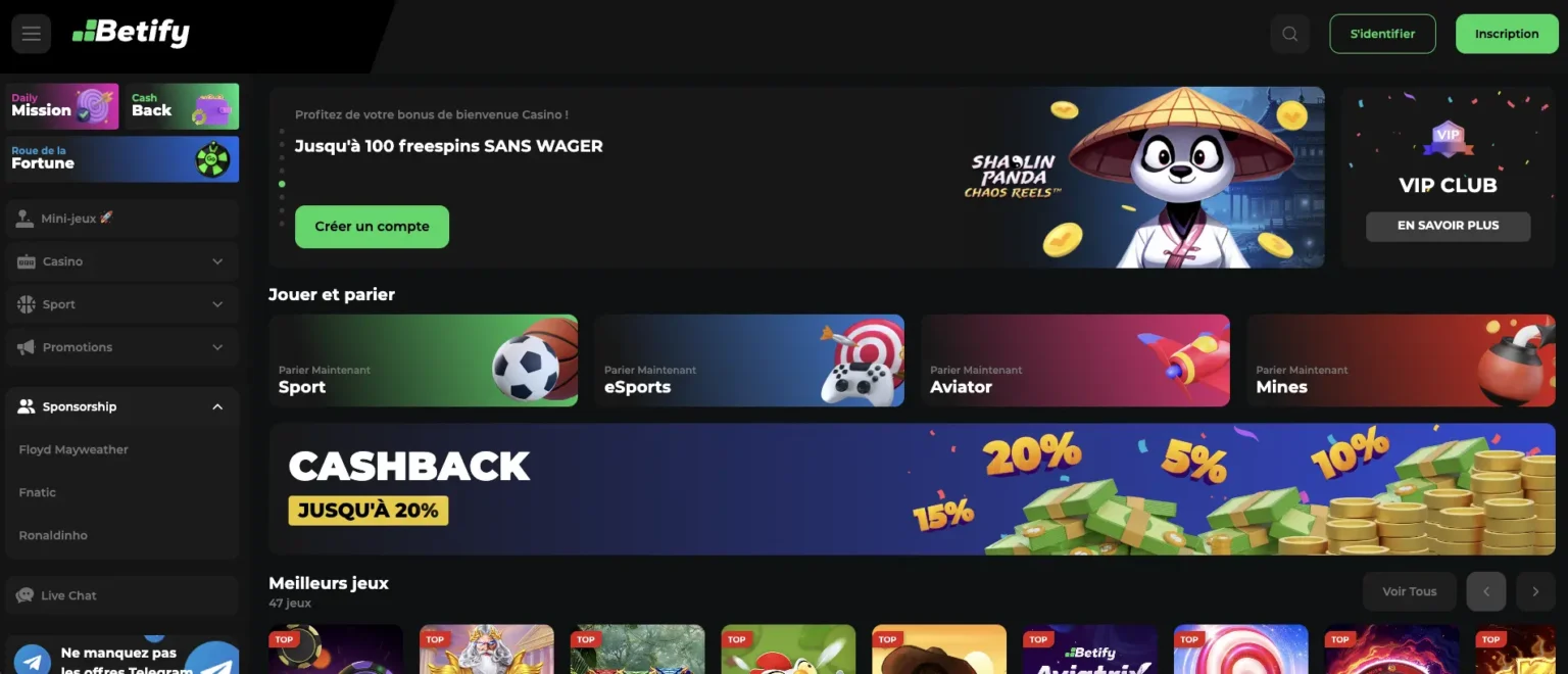 page d'accueil du casino Betify