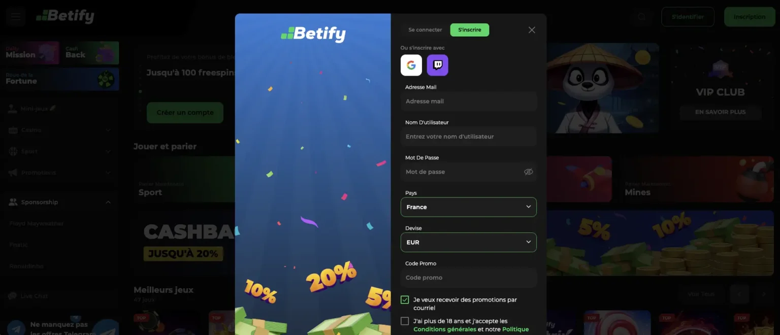 formulaire d'inscription sur le casino Betify