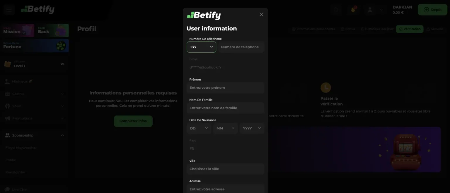 Informations profil du casino Betify