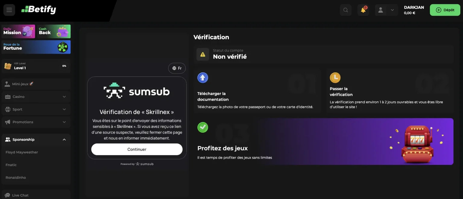 Vérification Sumsub sur le casino Betify