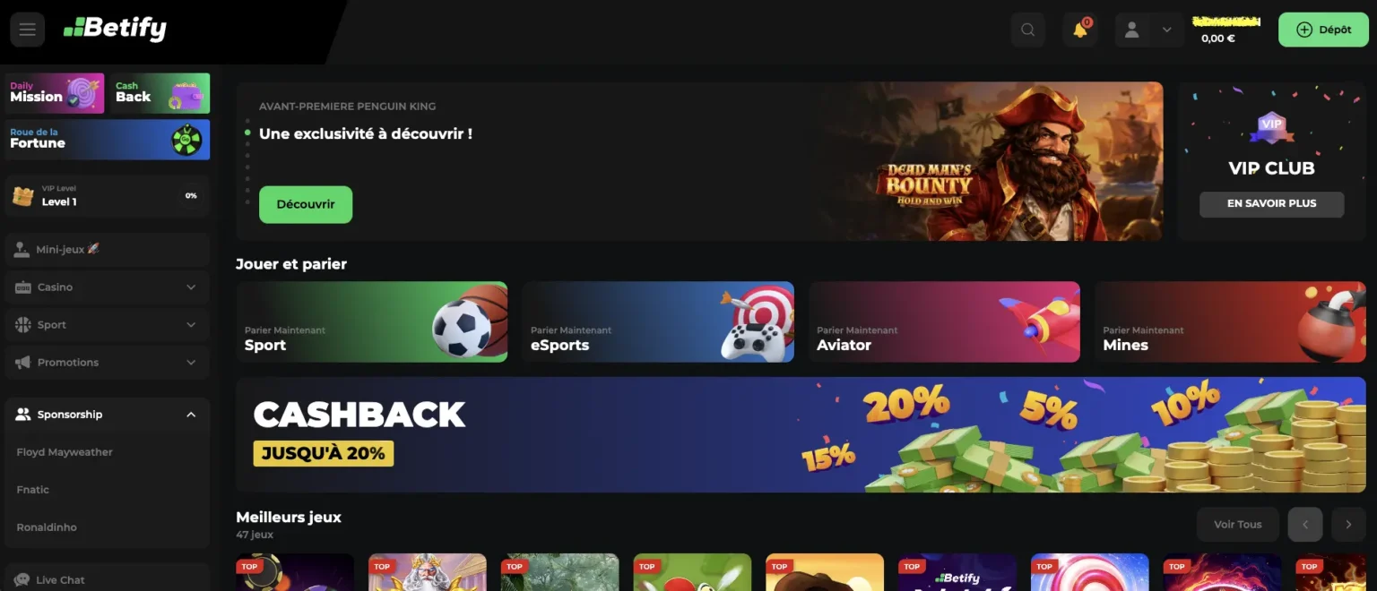 Caisse de retrait sur le casino en ligne Betify