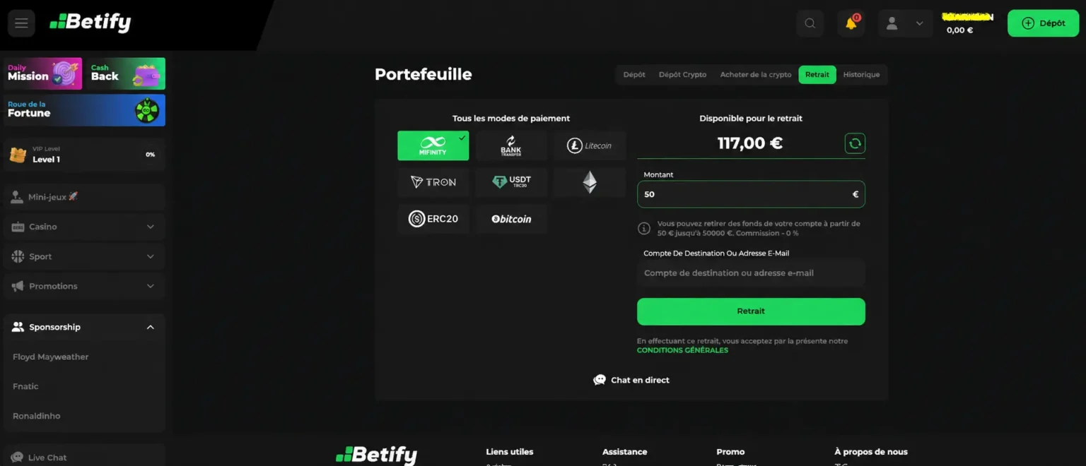 Formulaire de retrait sur le casino en ligne Betify