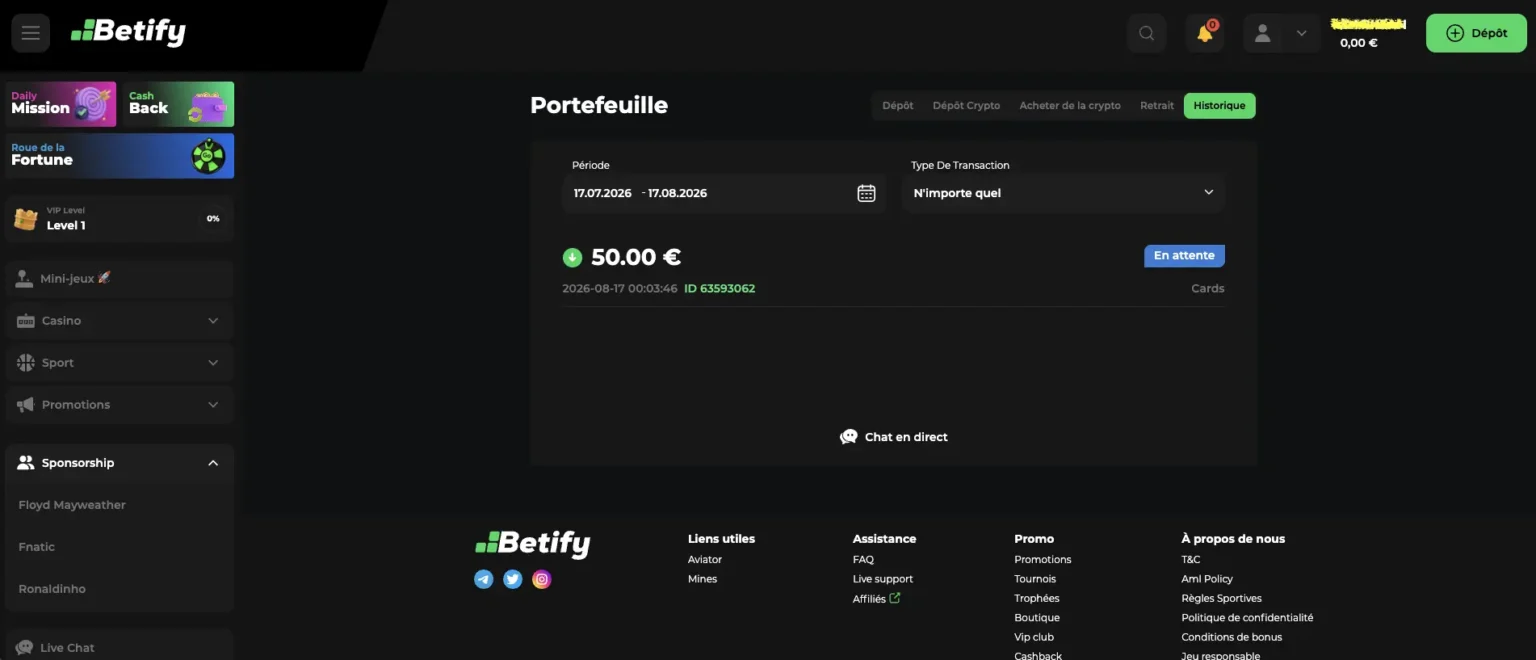 consulter historique de paiement sur Betify