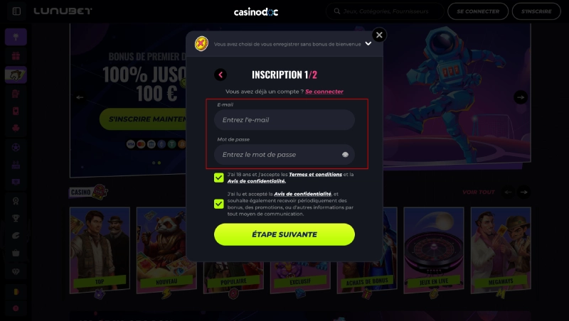 Inscription sur Lunubet Casino étape 3
