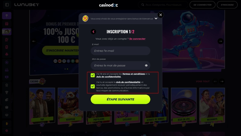 Inscription sur Lunubet Casino étape 4
