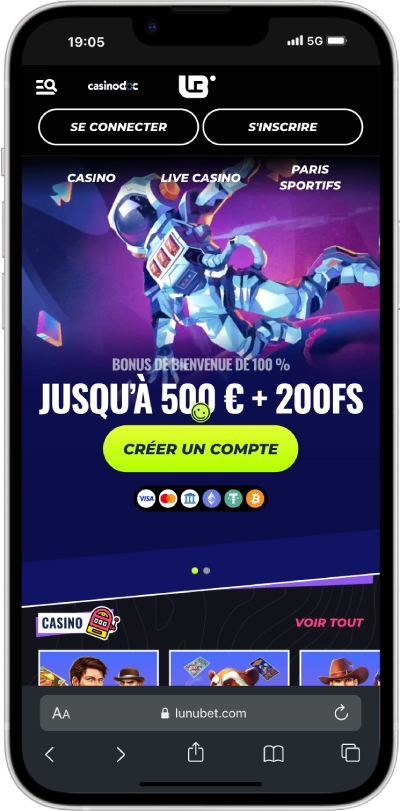 Interface Lunubet Casino version mobile iPhone 14 Plus