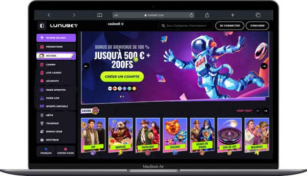Interface Lunubet Casino version ordinateur Macbook Air