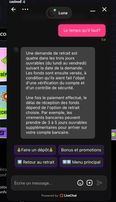 Live chat avec le support client de Lunubet Casino