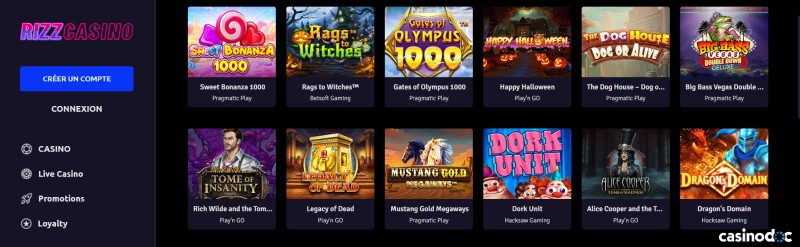 Les jeux de casino sur Rizz Casino