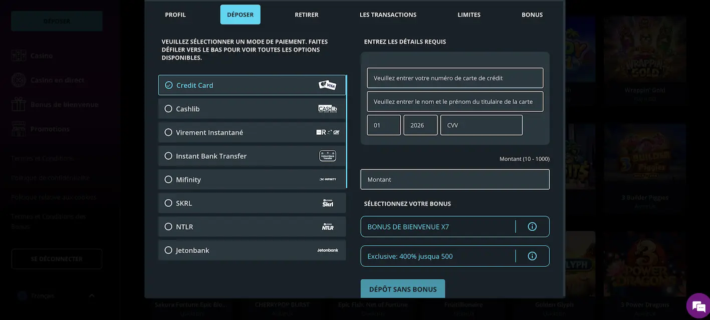 méthode de paiement sur x7 casino