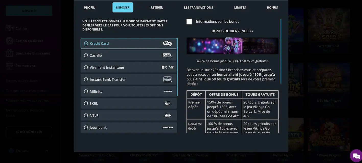 choisir un bonus de dépôt sur x7 casino