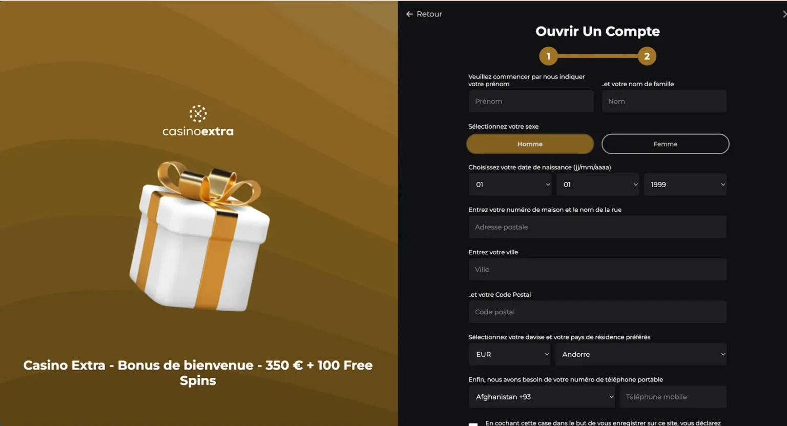 Formulaire d'inscription sur Casino Extra