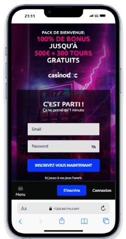 Interface mobile sur Rizz Casino
