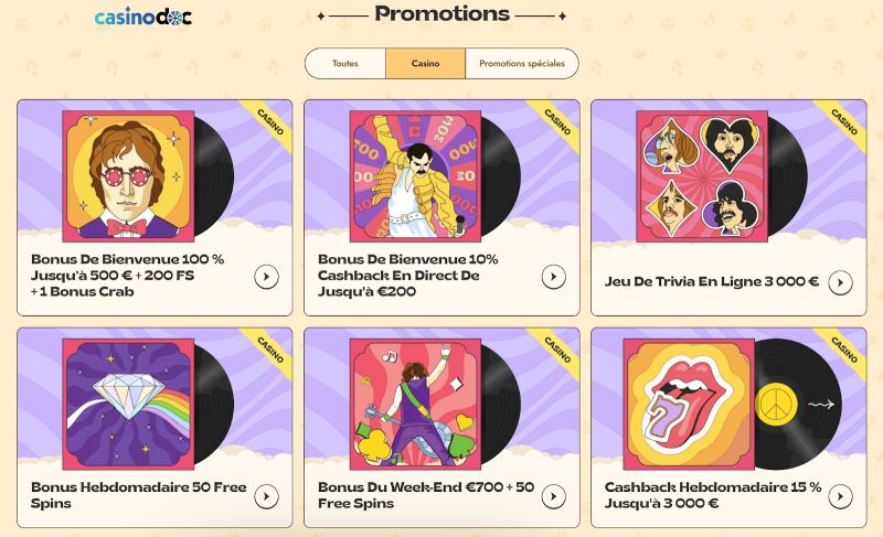 Capture d'écran des promotions sur Vinyl Casino