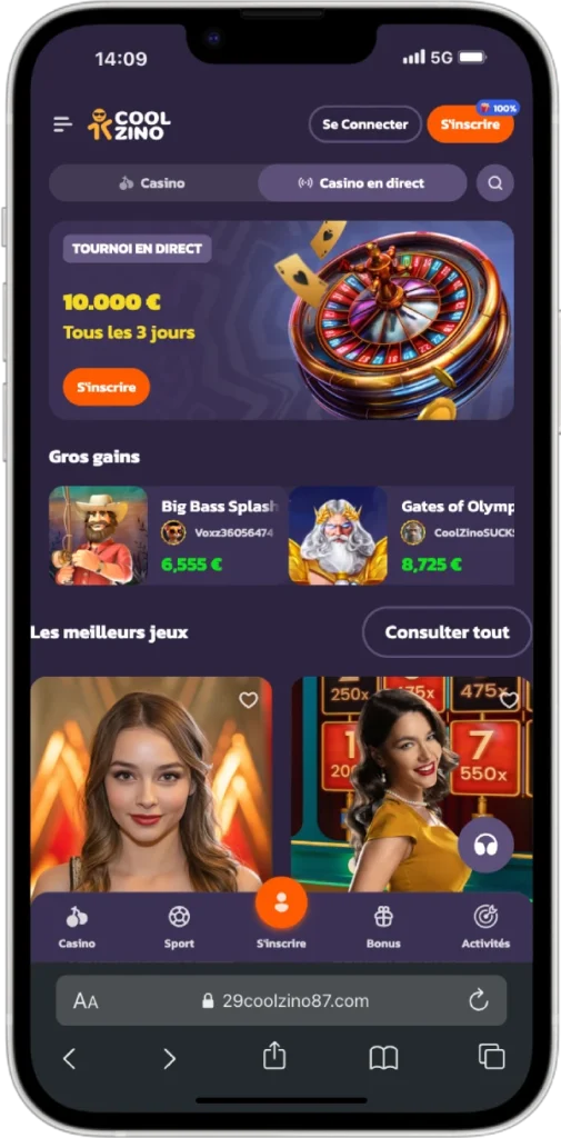 Interface Coolzino Casino version mobile iPhone 14 Plus