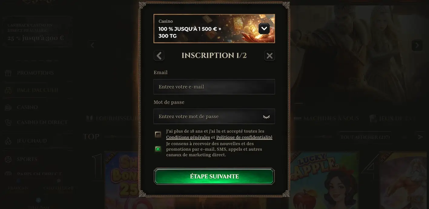 création d'identifiants sur Kyngs Casino