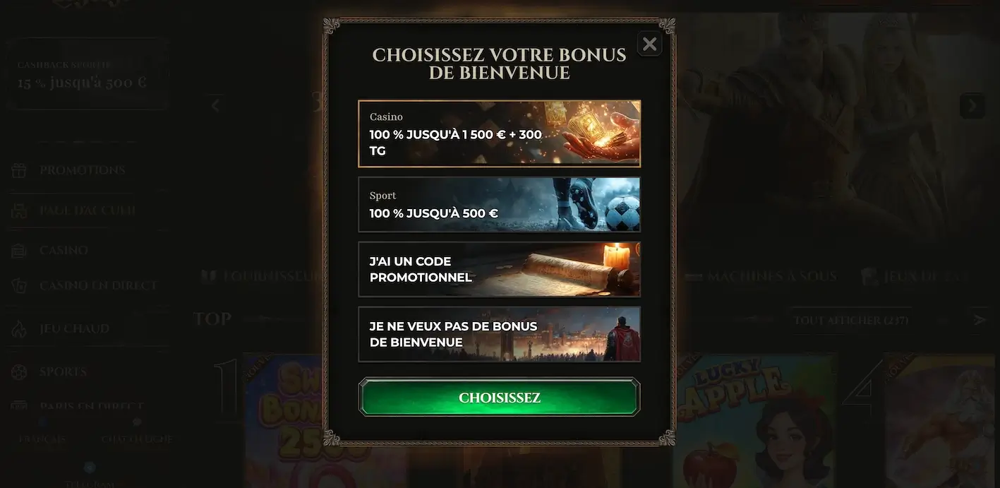 choix du bonus sur Kyngs Casino