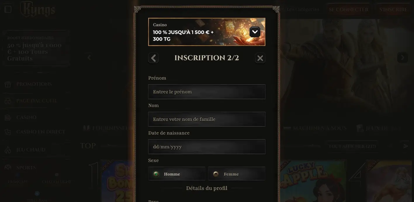 remplissage de formulaire d'inscription sur Kyngs Casino