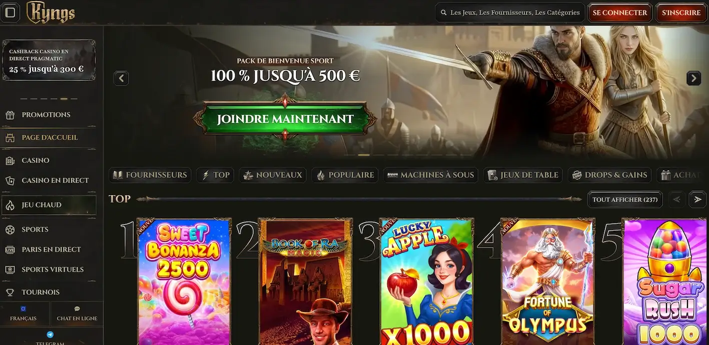 page d'accueil inscription sur Kyngs Casino