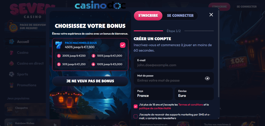 inscription seven casino étape 2