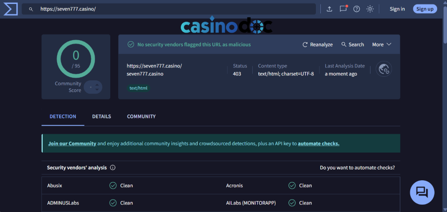 test virus total seven7 casino