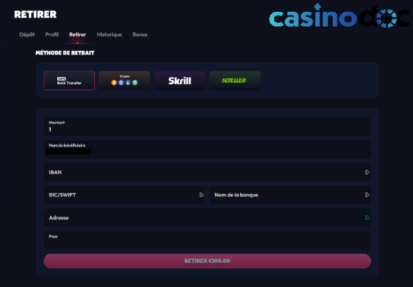 retrait sur seven casino