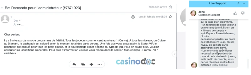 Capture écran de la disponibilité du Service client
