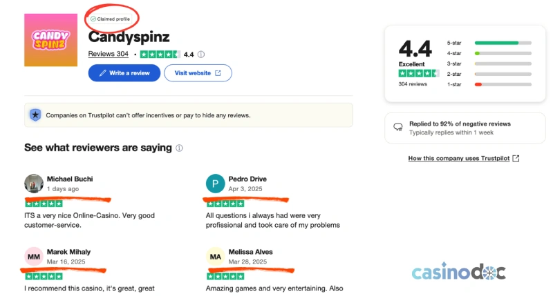 Capture écran des avis utilisateurs sur Candyspinz