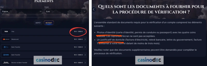 Capture écran des conditions de retrait et KYC