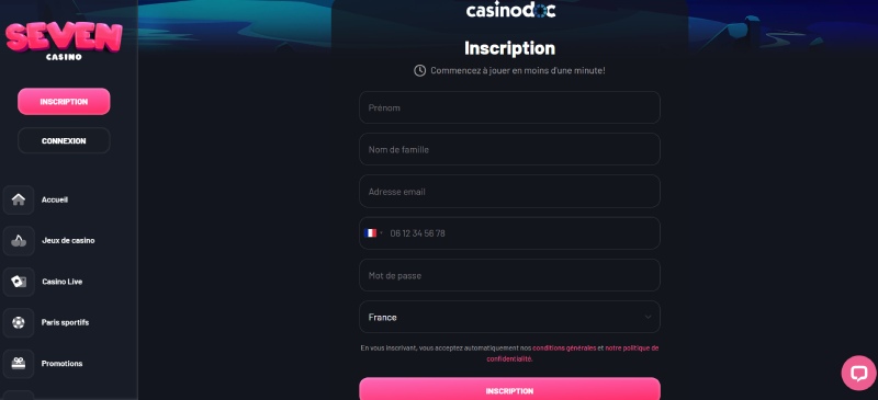 Inscription étape 2 Seven Casino