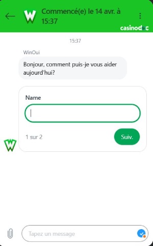 Capture d'écran d'un échange avec le service client sur WinOui