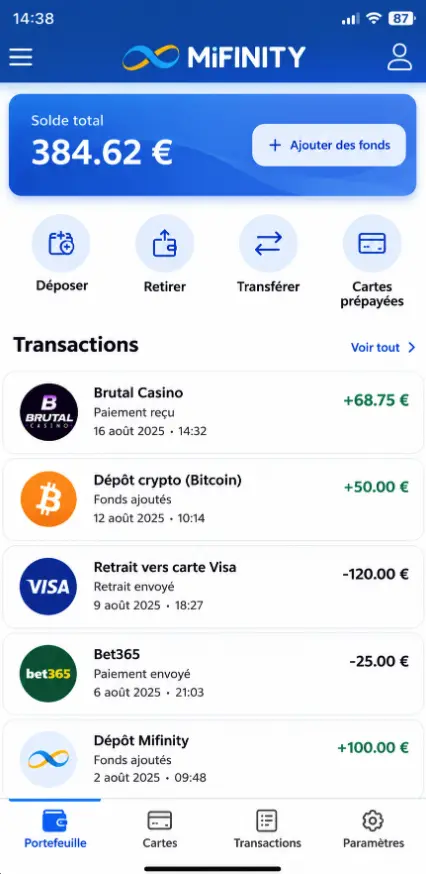 portefeuille Mifinity après retrait sur Brutal Casino