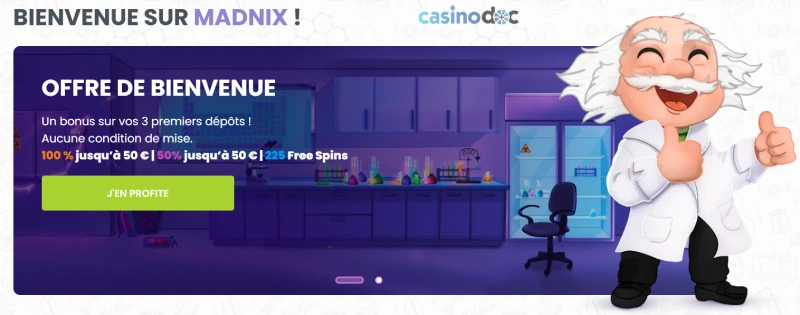 Capture écran de l'offre de Bienvenue sur Madnix Casino
