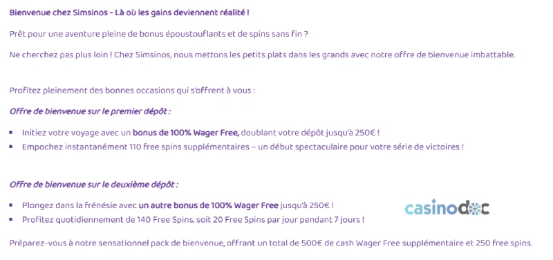 Capture écran des Bonus sur Simsinos Casino