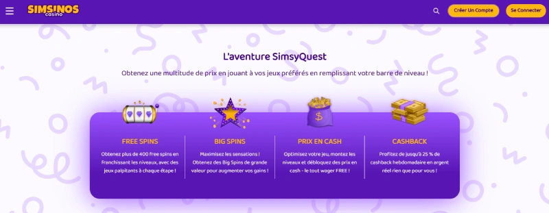 Capture écran du programme VIP sur Simsinos Casino