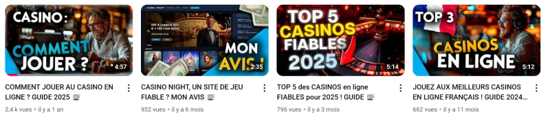 Capture écran d'une chaine youtube de casino en ligne