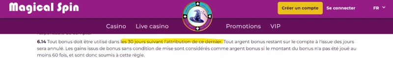Délai de validité du bonus sur Magical spin