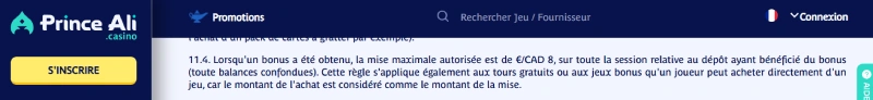 Le montant maximum de mise sur Prince Ali Casino