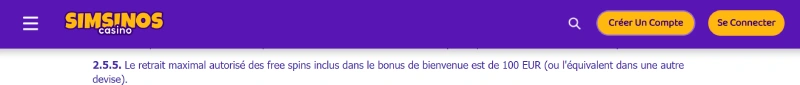 Limite de retraiits sur Simsinos Casino