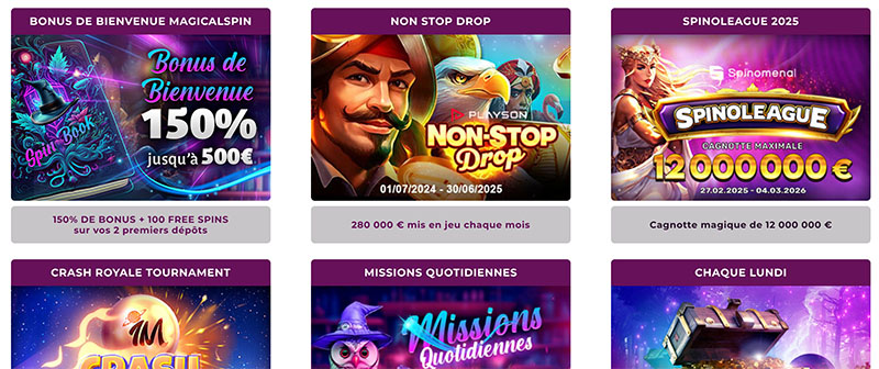 Magical spin est un casino avec une section promotion complète.