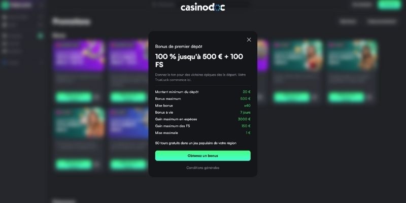 bonus de bienvenue trueluck casino