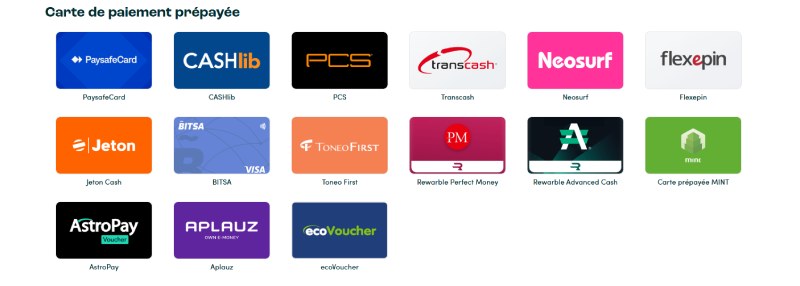Capture d'écran de cartes de paiement prépayées