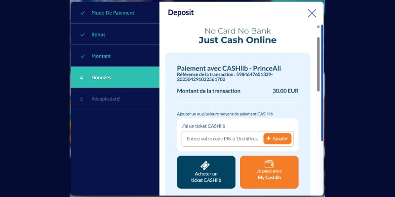 Capture d'écran du code de la carte Cashlib sur Prince Ali