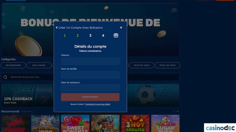 inscription Bof casino étape 2